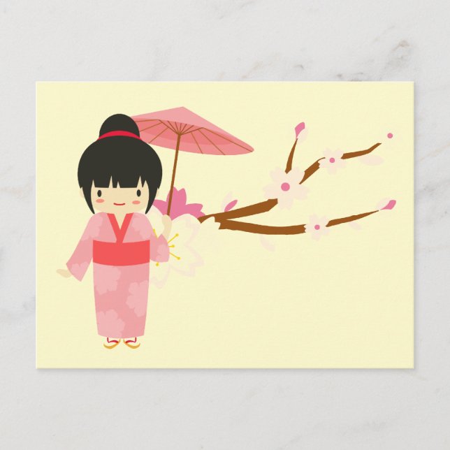 Cute Japanese pink Cherry Blossom Geisha Postcard (Front)