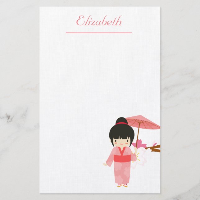 Cute Japanese pink Cherry Blossom Geisha Stationery (Front)