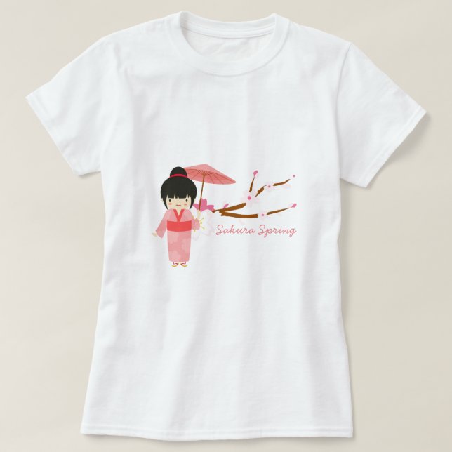 Cute Japanese pink Cherry Blossom Geisha T-Shirt (Design Front)