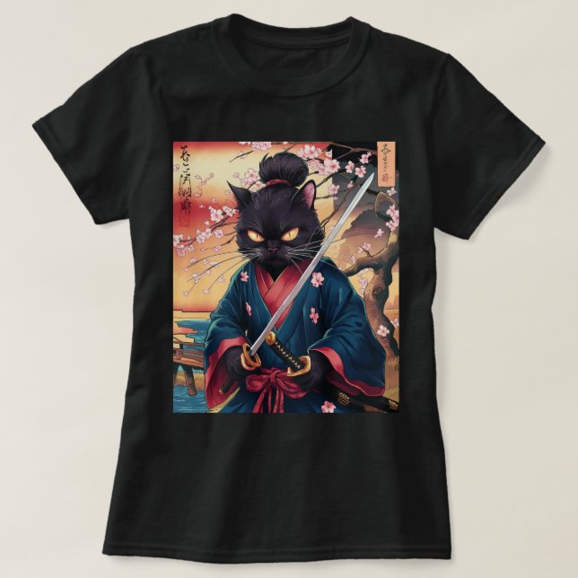Cute Japanese Samurai Cat  T-Shirt (Design Front)