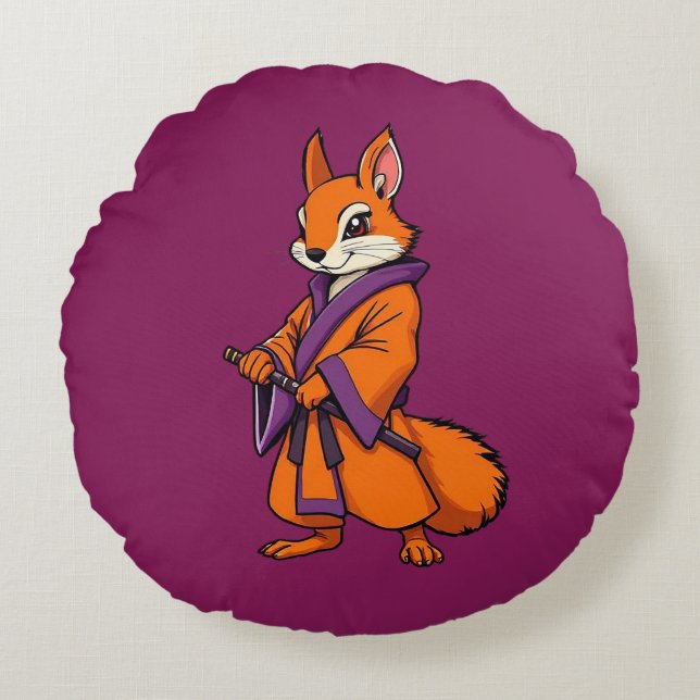 Cute Japanese Samurai Squirrel Round Cushion (Front)
