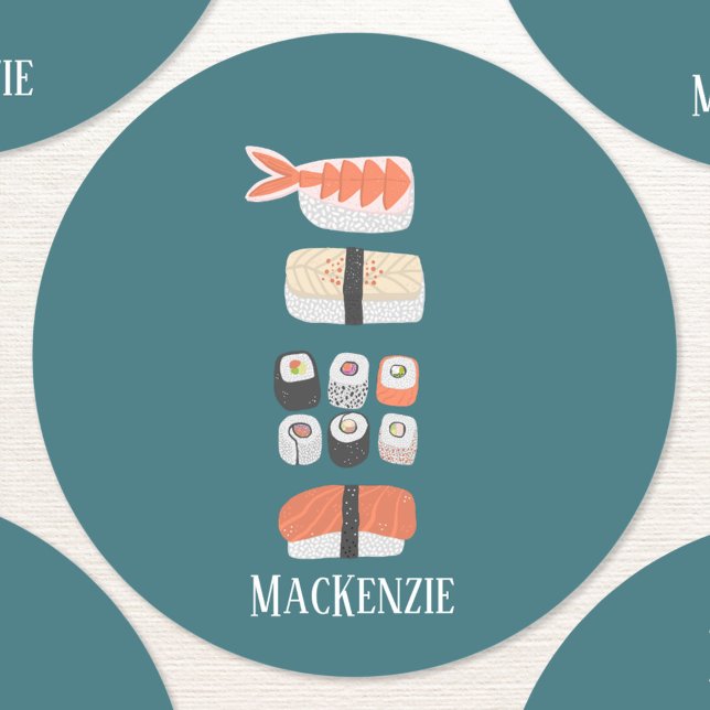 Cute Japanese Sushi Custom Name Classic Round Sticker (Fun Japanese sushi themed personalized sticker)
