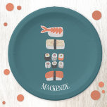 Cute Japanese Sushi Custom Name Paper Plate<br><div class="desc">Delicious sushi,  nigiri and maki roll Japanese food design. Personalise by changing or removing the name.  Original art by Nic Squirrell.</div>
