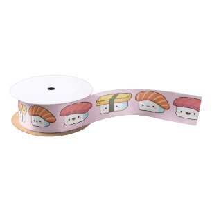 Cute Japanese Sushi Food Doodles Pink Satin Ribbon