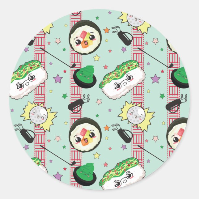 Cute Japanese Sushi Lover Golfing Pattern  Classic Round Sticker (Front)