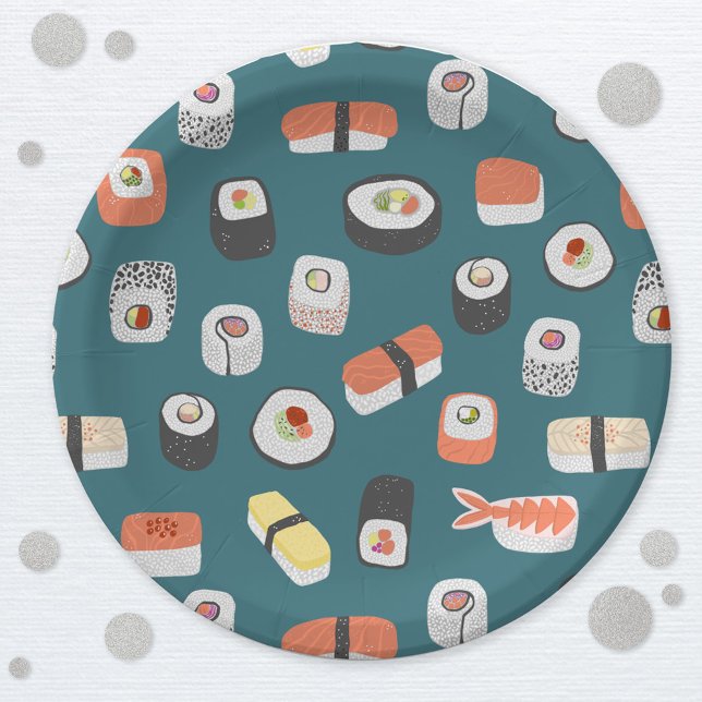 Cute Japanese Sushi Pattern Paper Plate (Sushi Japanese food art paper plate)