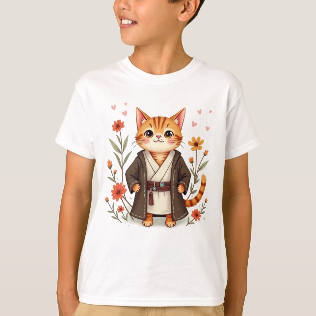 Cute Jedi Cat T-Shirt - Floral Space Warrior Kitty (Front)