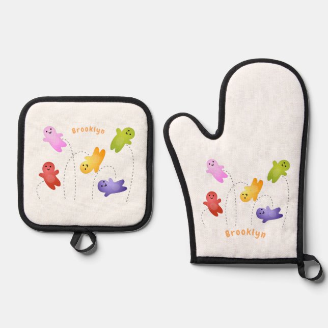 Cute jelly babies candy sweets cartoon oven mitt & pot holder set (Front)