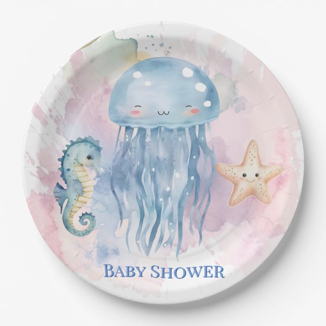 Cute Jellyfish and Friends Pastel Baby Shower Paper Plate (Front)