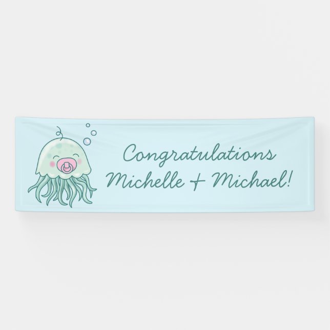 Cute Jellyfish Baby Shower Kawaii Pink Girl Banner (Horizontal)
