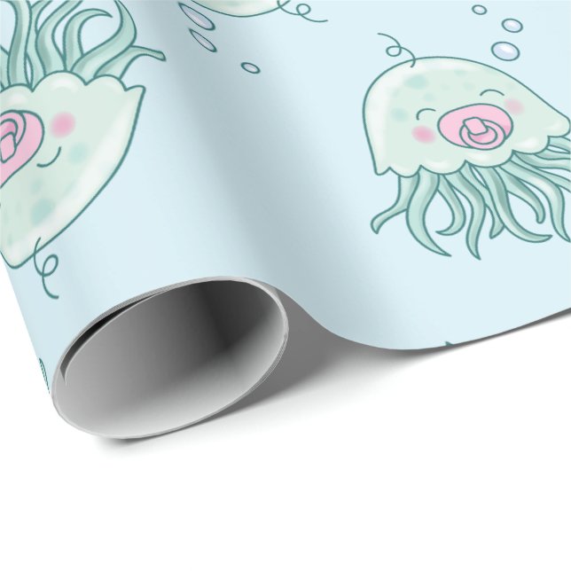 Cute Jellyfish Baby Shower Kawaii Pink Girl Wrapping Paper (Roll Corner)
