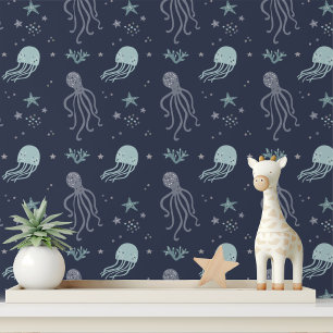 Cute Jellyfish Octopus Blue Ocean Kids Pattern Wallpaper