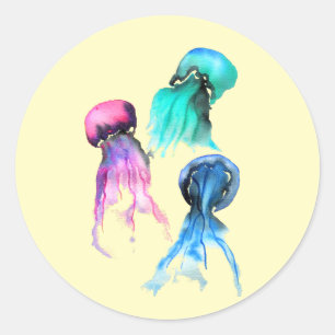 Cute jellyfish trio watercolor art classic round sticker
