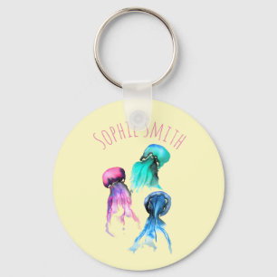 Cute jellyfish trio watercolor art key ring