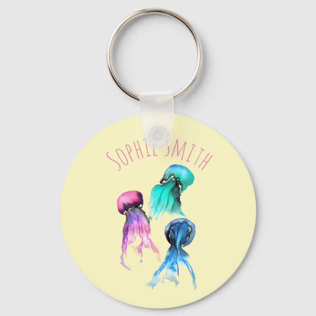 Cute jellyfish trio watercolor art key ring (Front)