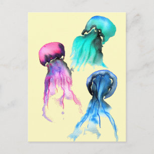 Cute jellyfish trio watercolor art postcard