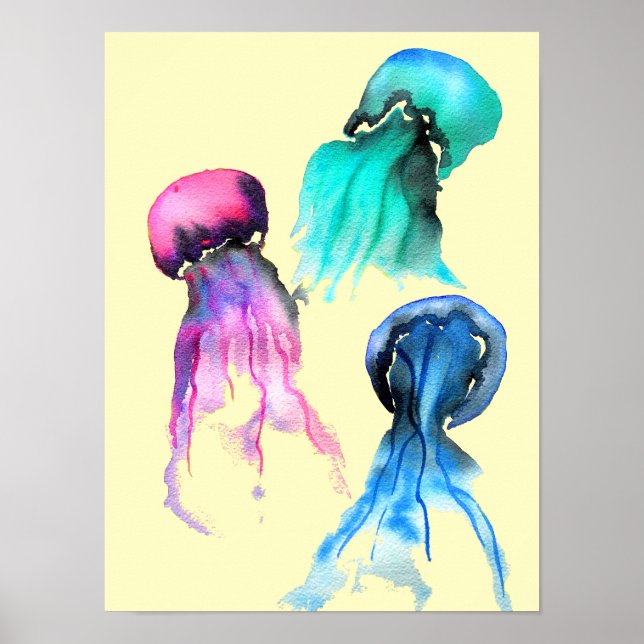 Cute jellyfish trio watercolor art poster (Front)
