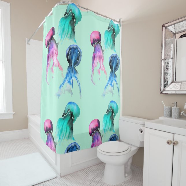 Cute jellyfish trio watercolor art shower curtain (In Situ)