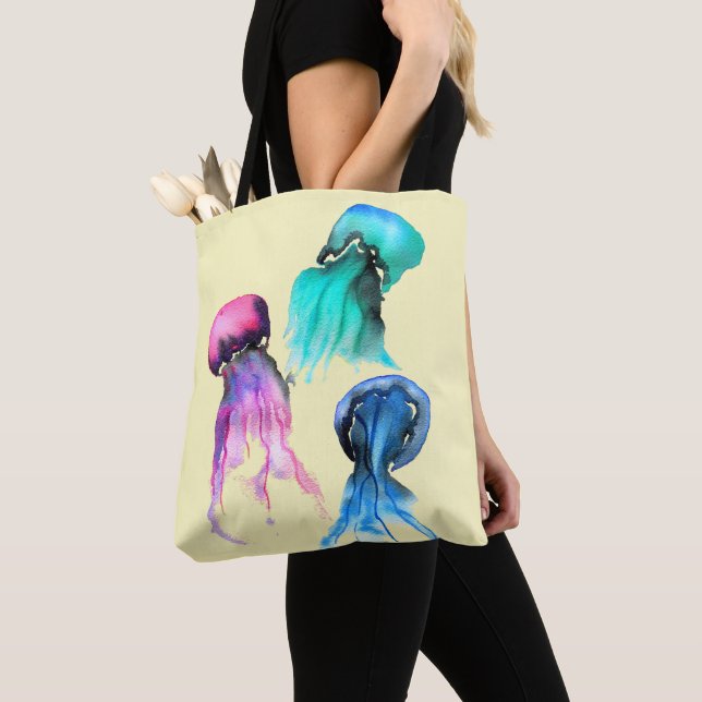 Cute jellyfish trio watercolor art tote bag (Close Up)