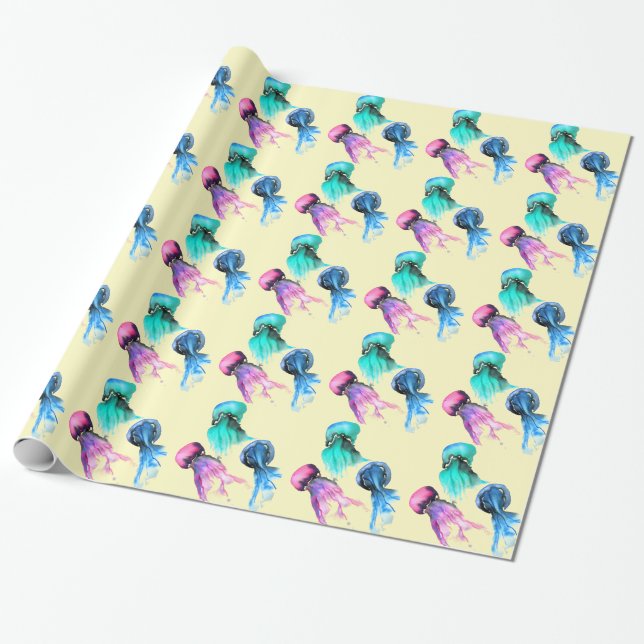 Cute jellyfish trio watercolor art wrapping paper (Unrolled)