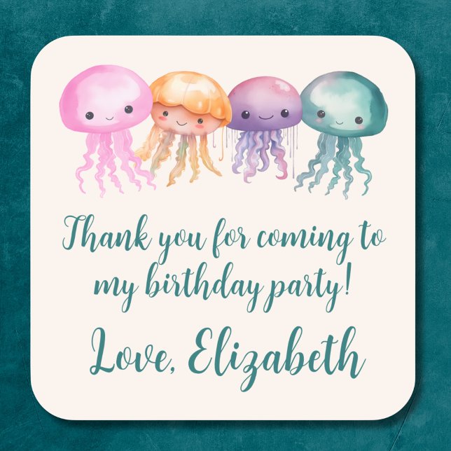 Cute Jellyfish Under the Sea Birthday Thank You Square Sticker (Creator Uploaded)