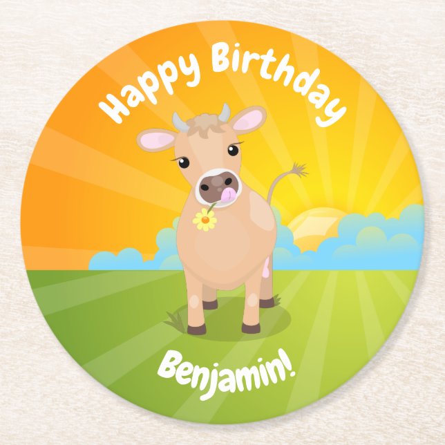 Cute Jersey cow personalised birthday Round Paper Coaster (Front)