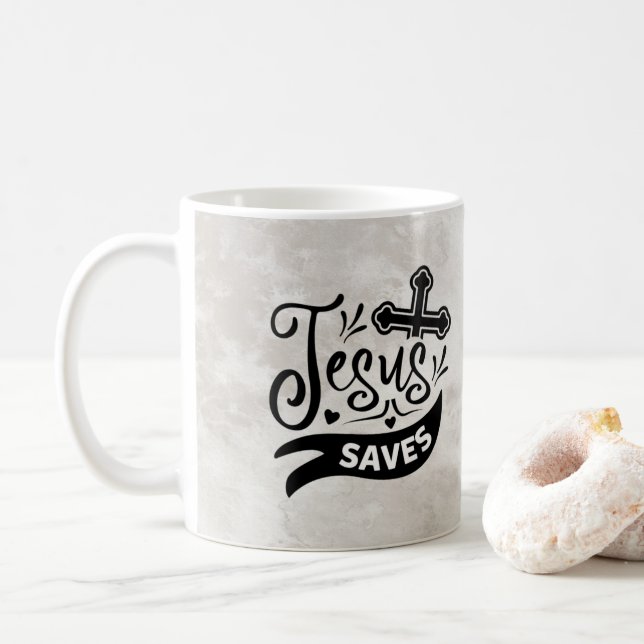 Cute Jesus Saves Christian Design Marbled Coffee Mug (With Donut)