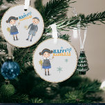Cute Jewish Couple Happy Hanukkah  Ornament<br><div class="desc">This cute Ornament features a Jewish Boy and Girl of whimsical cute character dressed in Jewish-inspired blue-toned clothing. It is an original design and you won't find it anywhere else. Happy Hanukkah!</div>