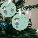 Cute Jewish Couple Happy Hanukkah Teal Ornament<br><div class="desc">This cute Ornament features a Jewish Boy and Girl of whimsical cute character dressed in Jewish-inspired blue-toned clothing on teal blue background. It is an original design and you won't find it anywhere else. Happy Hanukkah!</div>