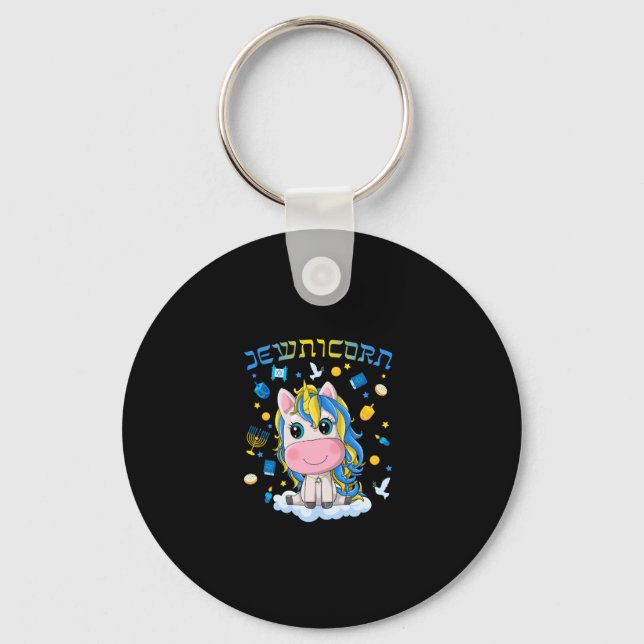Cute Jewnicorn Jewish Unicorn Menorah Dreidel Happ Key Ring (Front)