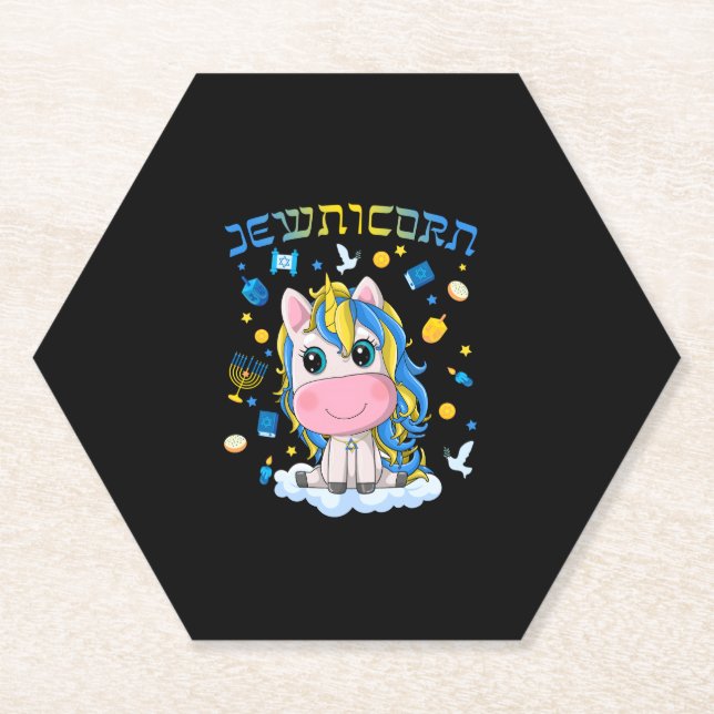 Cute Jewnicorn Jewish Unicorn Menorah Dreidel Happ Paper Coaster (Front)