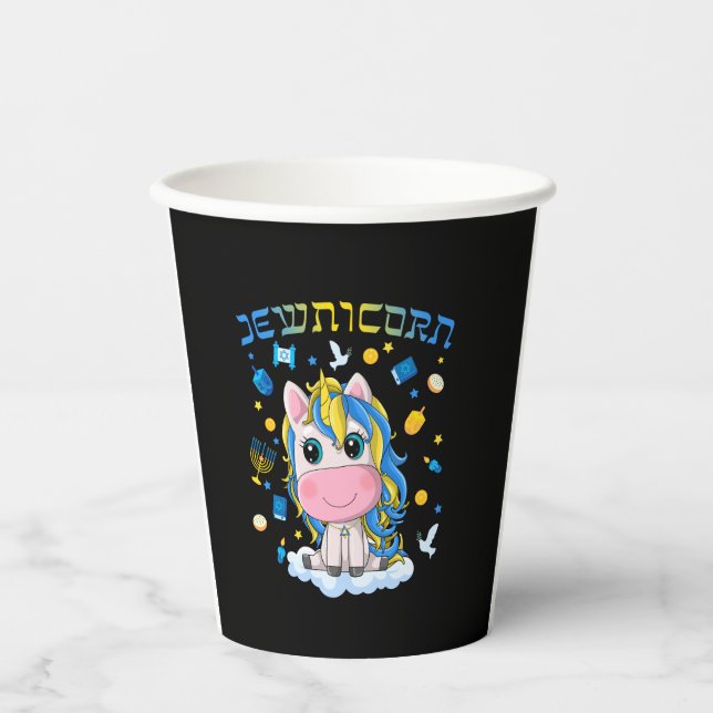 Cute Jewnicorn Jewish Unicorn Menorah Dreidel Happ Paper Cups (Front)
