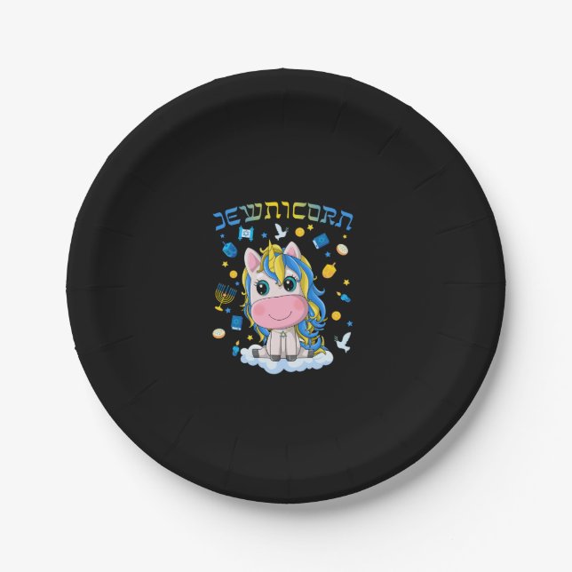 Cute Jewnicorn Jewish Unicorn Menorah Dreidel Happ Paper Plate (Front)