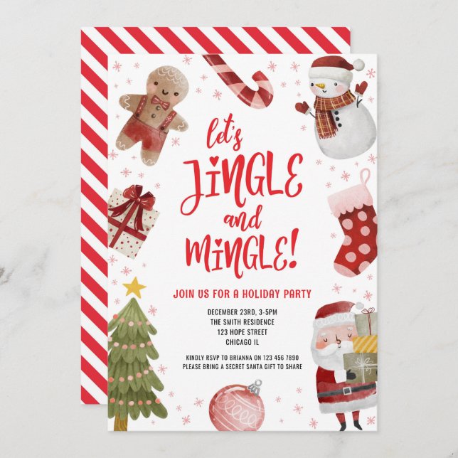 Cute Jingle and Mingle Red Christmas Holiday Party Invitation (Front/Back)