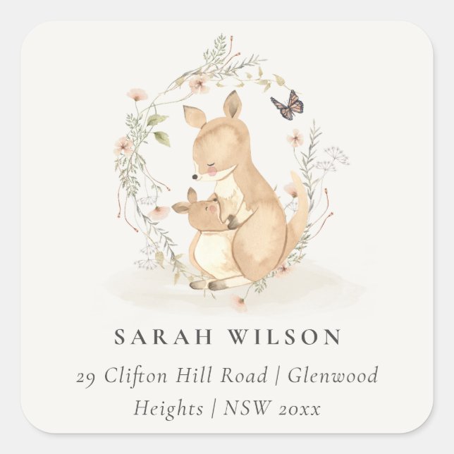 Cute Joey Mama Kangaroo Floral Wreath Address Square Sticker (Front)