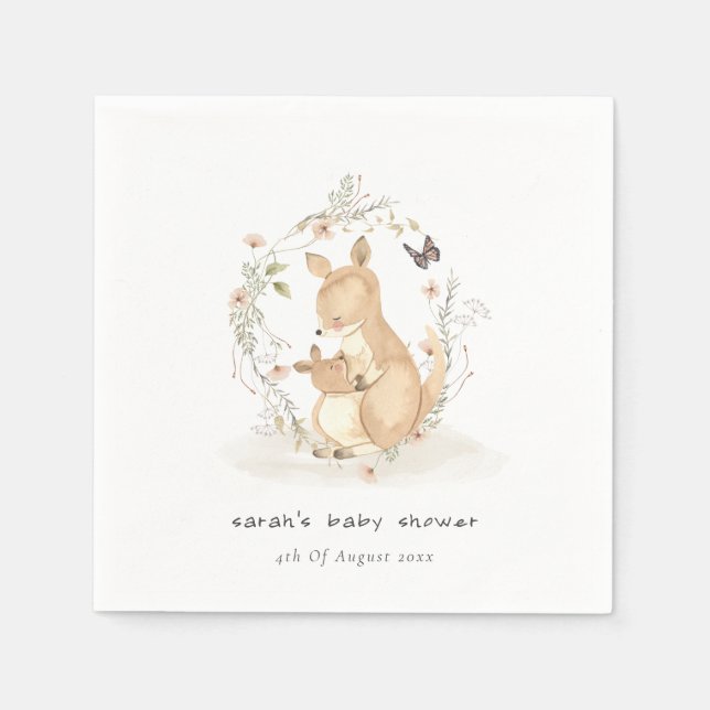 Cute Joey Mama Kangaroo Floral Wreath Baby Shower Napkin (Front)