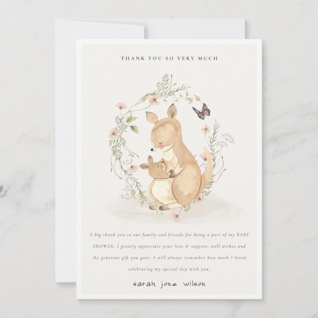 Cute Joey Mama Kangaroo Floral Wreath Baby Shower Thank You Card (Front)