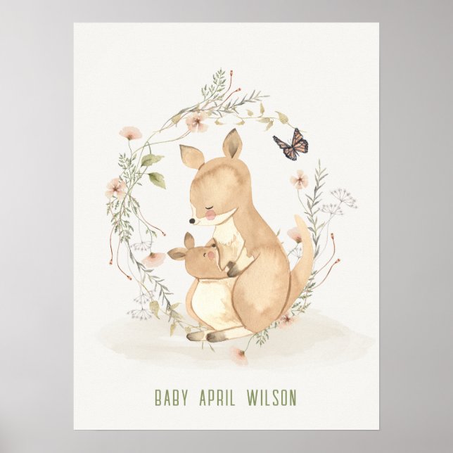 Cute Joey Mama Kangaroo Watercolor Floral Baby Poster (Front)