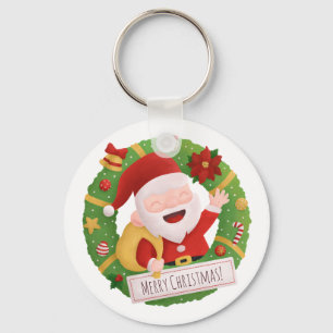 Cute Jolly Father Santa Claus Wreath Key Ring