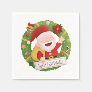 Cute Jolly Santa Claus Xmas Wreath Party Napkins