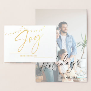Cute Joy Photo Family Name String Light Christmas Foil Card