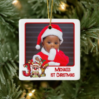 Cute Joy Reindeer 2 Photo Baby's 1st Christmas Ceramic Ornament