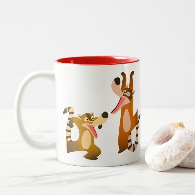 Cute Joyful Cartoon Coatimundis Two-Tone Coffee Mug (With Donut)