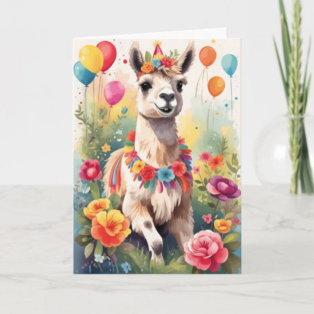 Cute, joyful Llama outdoors celebrating | Card (Front)