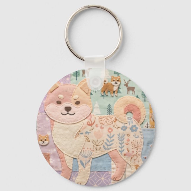 Cute Jpanese Shiba Inu Patchwork Floral Pattern Key Ring (Front)