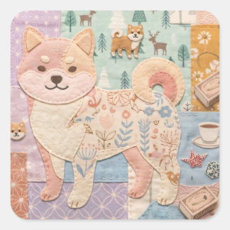 Cute Jpanese Shiba Inu Patchwork Floral Pattern Square Sticker