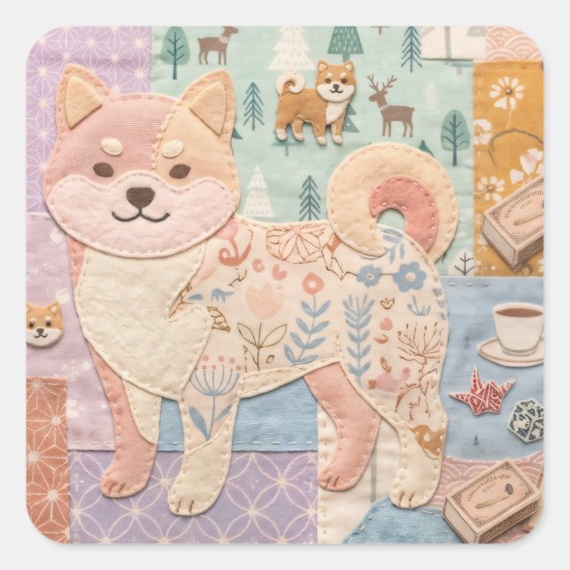 Cute Jpanese Shiba Inu Patchwork Floral Pattern Square Sticker (Front)