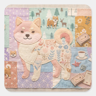 Cute Jpanese Shiba Inu Patchwork Floral Pattern Square Sticker