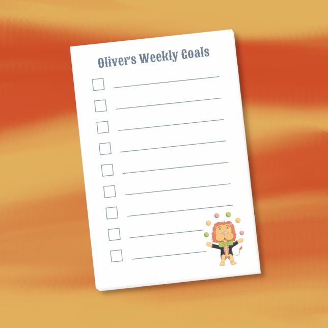 Cute Juggler Lion Kid Weekly Goals Post-It Notes (Cute cartoon juggling lion kid personalized sticky notes )