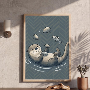 Cute Juggling Otter Nursery Art Chevron Background Poster